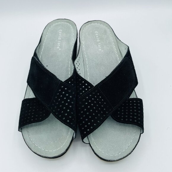 David Tate Shoes Womens 10 WW Wide Black Suede Leather Laser Cut Wedge Sandals - Picture 9 of 12